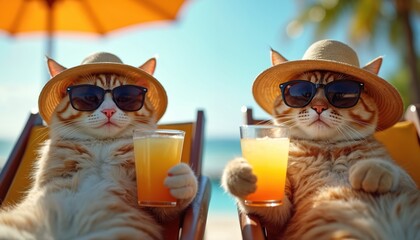 Two cats wearing hats and sunglasses relax on chairs with drinks. They enjoy a sunny beach day and vacation. Orange tabby felines hold beverages, feeling content.