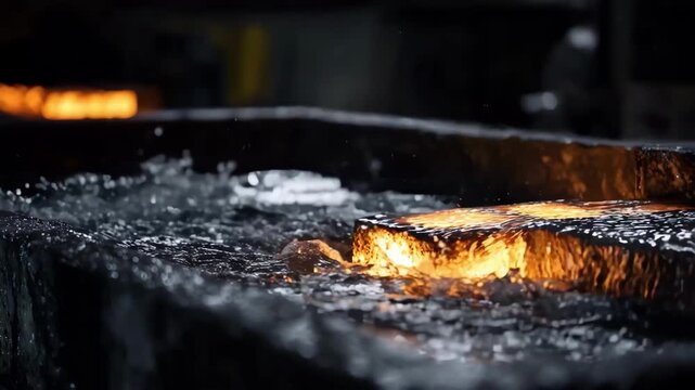 Focused medium shot capturing molten metal being rapidly cooled in a water quenching bath to enhance hardness and strength of the metal component.