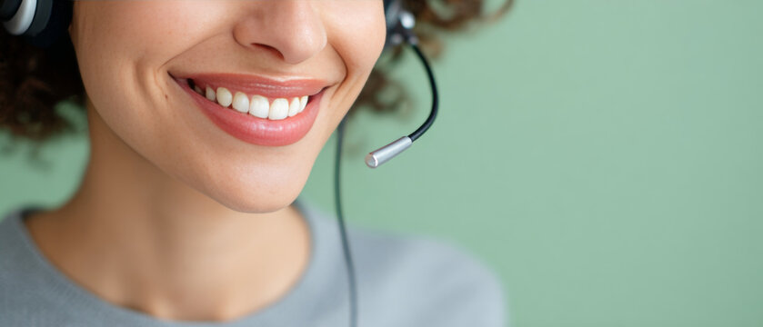 A smiling woman wearing a headset with the microphone attached to her ear, looking directly at the camera and dressed in casual clothing