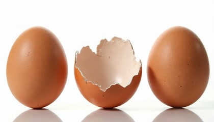 Photo of brown eggs against white backdrop. One cracked open egg shell shows inside. Healthy food concept breakfast meal ingredient. Concept of new life.