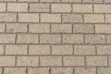 Close-up view of a brick wall in an urban setting, showcasing texture and pattern variations Natural lighting enhances three-dimensional structure