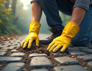 Man crouches on cobblestone pavement, wears yellow gloves, removes dirt from stones. Person cleans ground outdoors, maintains landscaping, cares for garden path, works on stone surface in backyard