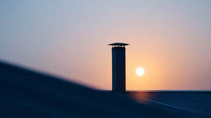 A tall chimney on a roof with the sun setting in background
