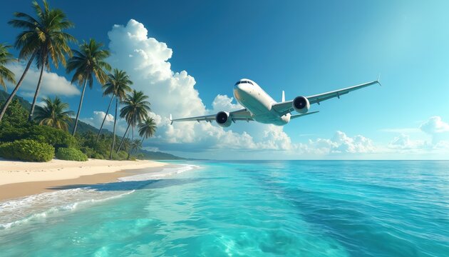 Passenger plane flies over tropical beach. Airplane over turquoise sea near shore with palm trees. Aerial view showcases travel vacation paradise destination. Summer holiday concept for tour.
