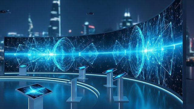 Futuristic Technology Display in a Modern City interactive screen glowing blue lines shapes contemporary design innovation digital