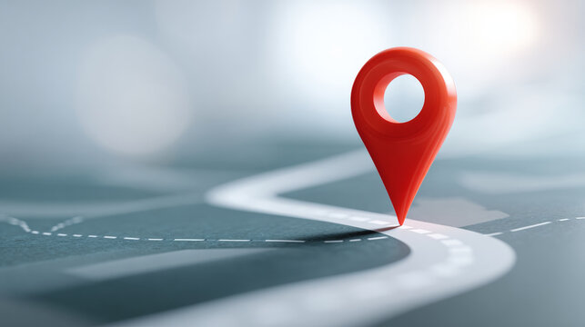 A red location marker on a map of an empty road, indicating the destination or point of interest