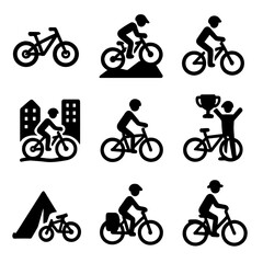 Cycling icons: urban, adventure, fitness, competition, travel, camping