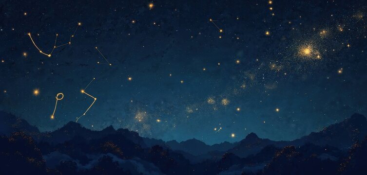 Stars shimmer in dark blue night sky. Constellations visible above misty mountains. Illustration good for astronomical events articles astrology science, dreamlike background for presentations,
