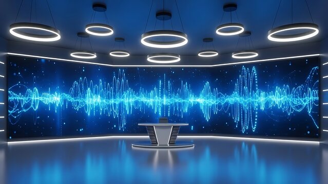 Modern Virtual TV Studio News Set Background desk waveform display ring lights technology broadcast media digital design interior room