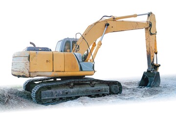Yellow bulldozer operating on sandy terrain, no surrounding objects or structures visible, bright lighting, straightforward photograph style © Mister