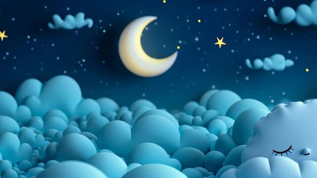 Dreamy night scene with sleeping cloud and crescent moon in starry sky