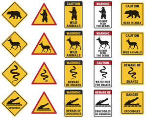 Warning sign wild animals. Set of  Yellow triangular, square, and rectangular road signs featuring a bear, deer, snake, and crocodile.  Vector yellow signs marking presence of wild animals.