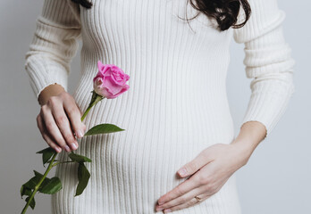 Portrait of an unrecognizable pregnant Caucasian girl in a knitted dress with a rose in her hand.