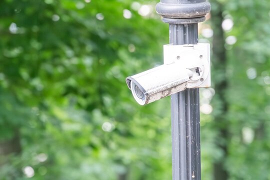 A black lamppost with vertical slats, mounted with a dome-shaped surveillance camera facing left Outdoor setting in an urban park with lush green trees and soft, natural lighting