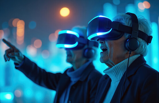 Elderly couple wearing VR headsets experience digital world. Seniors explore virtual reality with amazement excitement. Old people interact with futuristic tech. Digital innovation. Enjoy gaming