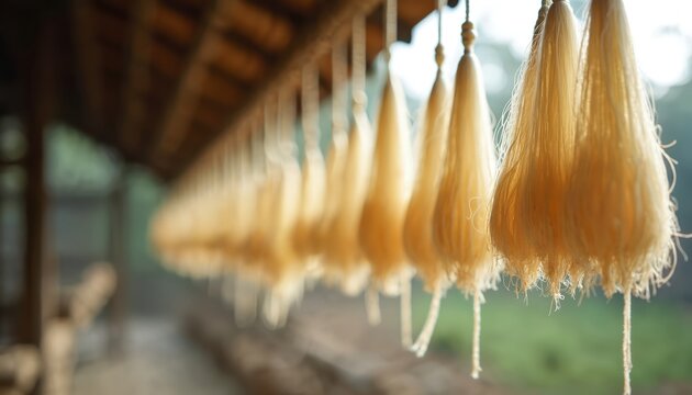 Silkworm cocoons transform into fine silk threads, strung in rows outdoors. Raw silk fibers hang in sunlight, natural textile production, ancient craft. Sericulture process, organic material.