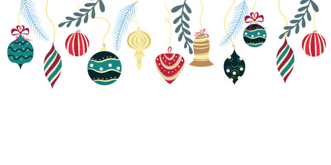 Vintage Christmas ornament border, hanging toy baubles. Retro holiday decorations border illustration. Classic ornament garland, festive frame vector