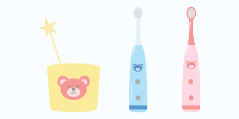 Kids electric toothbrush set, cup and heads. Children’s rechargeable brush illustration. Pediatric toothbrush kit, playful design