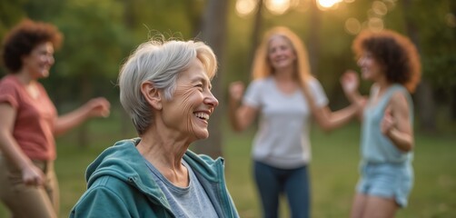 Elderly woman laughs with friends dancing outdoors. Group enjoys sunset time in park. Active seniors celebrate life, showing good friendship bonds and joy.