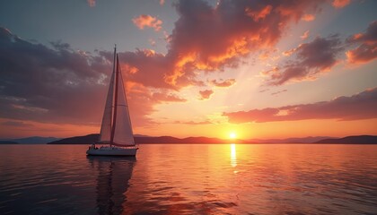 Sailboat glides on calm water at sunset. Golden sun dips below distant mountain horizon, painting sky, lake surface orange, red, purple. Peaceful evening scene captures serene moment on water during