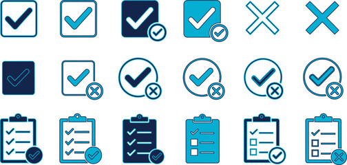 Collection of checkmark and cross icons with clipboard variations for approval and rejection isolated on transparent background, Vector © Icon & Png King