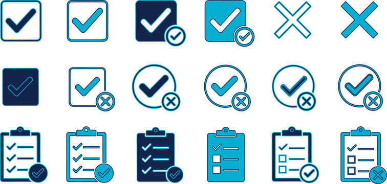 Collection of checkmark and cross icons with clipboard variations for approval and rejection isolated on transparent background, Vector