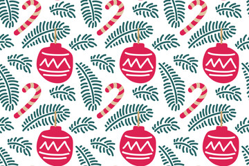 Christmas Seamless pattern. Festive pattern featuring candy canes, Christmas ornaments, and pine branches for holiday designs, wrapping paper, seasonal decorations. Hand drawn doodle Repeated print.