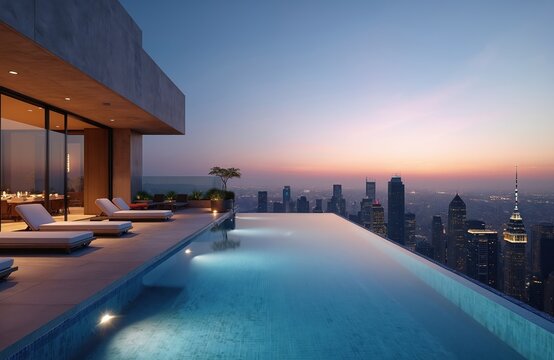 Modern rooftop pool with cityscape view at sunset. Loungers near infinity pool. Luxury apartment terrace for relaxation, lifestyle. Architecture, urban design concept for travel business, real estate.