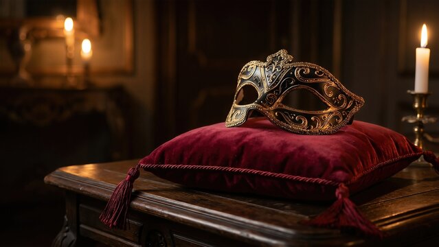 Masquerade Mask With Gold Filigree Lying Velvet Pillow Indoor - Powered by Adobe