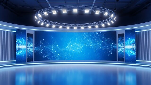 Modern Virtual Studio with Blue Network Background broadcast lighting presentation technology digital design stage set production media