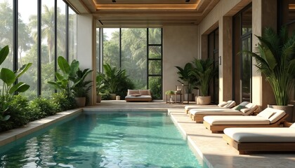 Indoor pool with rich plants and lounge chairs. Sunlight streams through large windows, creating serene atmosphere. Modern design invites relaxation and luxury escape.