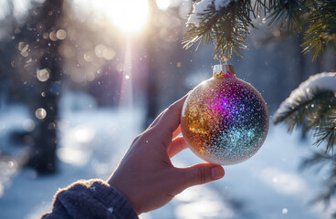 Christmas ball in hand against winter landscape.