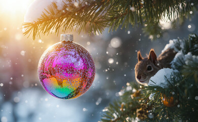 Squirrel and Christmas bauble on snowy pine branch.