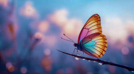 Colorful butterfly on thin twig in soft morning light.