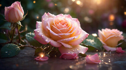 Rose flower with water droplets in soft evening light.