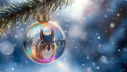 Reflection of a squirrel in a glass Christmas ball on a winter tree in the forest.
