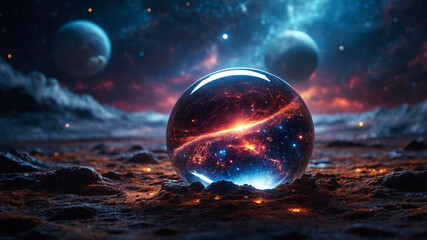 Cosmic sphere with a galaxy on an alien landscape.
