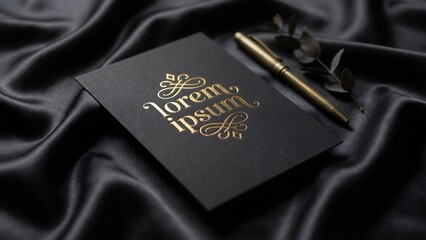 Invitation Card Gold Foil Typography Black Silk Satin Background