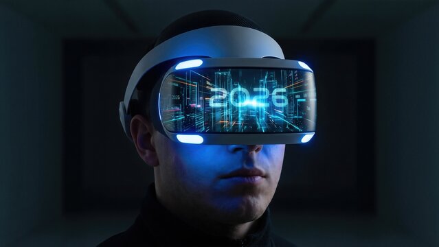 2026 VR Headset Digital World Reflection Blue Glow