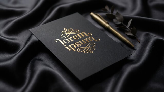 Invitation Card Gold Foil Typography Black Silk Satin Background