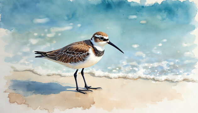 Watercolor illustration shows sandpiper on beach. Bird stands on sand with water waves. Painting depicts avian creature near ocean shore. Nature scene artwork.