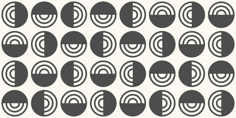 Geometric circle tiling retro pattern. Half circle geometric print modern. Bold monochrome geometric wallpaper. Modern abstract round shapes seamless background