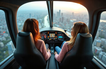 Two women travel in futuristic flying car above city. Passengers enjoy aerial urban skyline from cabin. Interior of modern electric autonomous vehicle concept. Air mobility transportation technology