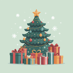 Fototapeta premium Festive Christmas tree adorned with colorful ornaments and a radiant gold star, surrounded by an abundance of beautifully wrapped holiday gifts, ready for celebration and joy