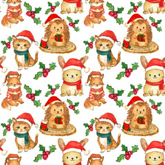 pattern con graziosi animali natalizi, illustrazione ad acquerello