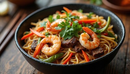 Fototapeta premium Bowl with tasty shrimp beef noodles and fresh vegetables. Asian meal includes carrots green peppers and herbs. Delicious food concept dinner at home. Traditional culinary.