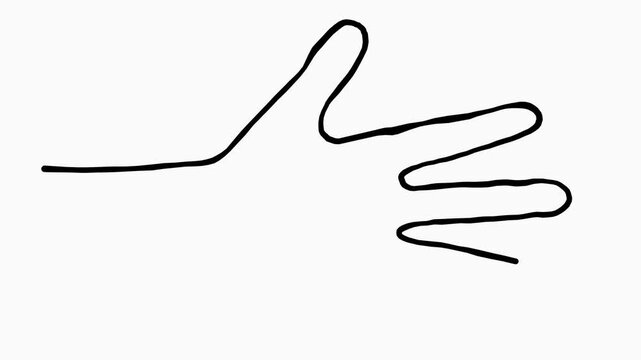 Sketching a cartoon hand made of simple black line art.  Hand drawing made of simple lines. Open human hand being drawn. Handshake. 2d animation.