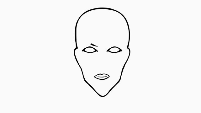 Sketching a cartoon face made of simple black and white line art. Hand drawn simple line face. Androgenous human face being drawn. 2d hand animation