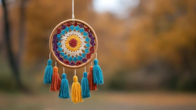 Colorful dream catcher hanging in a serene outdoor setting with blurred autumn background showcasing vibrant tassels and detailed design 4k video footage