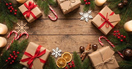 Rustic Christmas Flatlay Background with Gifts, Candy Canes, and Copy Space on Wooden Table